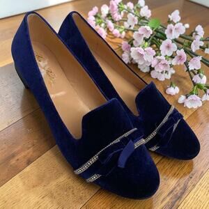 Brooks Brothers Women's  Navy Blue Velvet Rhinestone Loafers Made in Italy Sz 9